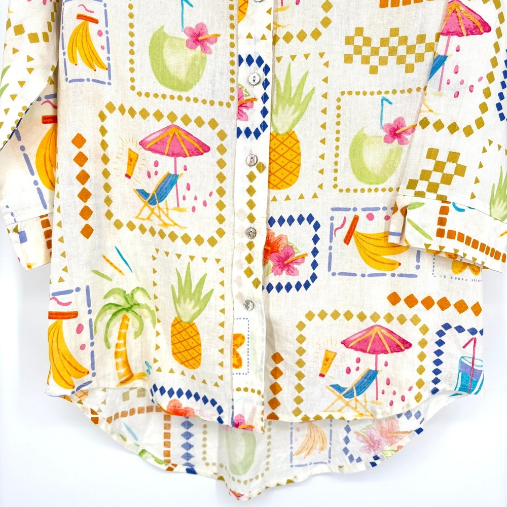 Calypso St Barth Button Down‎ Shirt Linen Blend Postcard Print Long Slv Tunic S - Picture 8 of 13